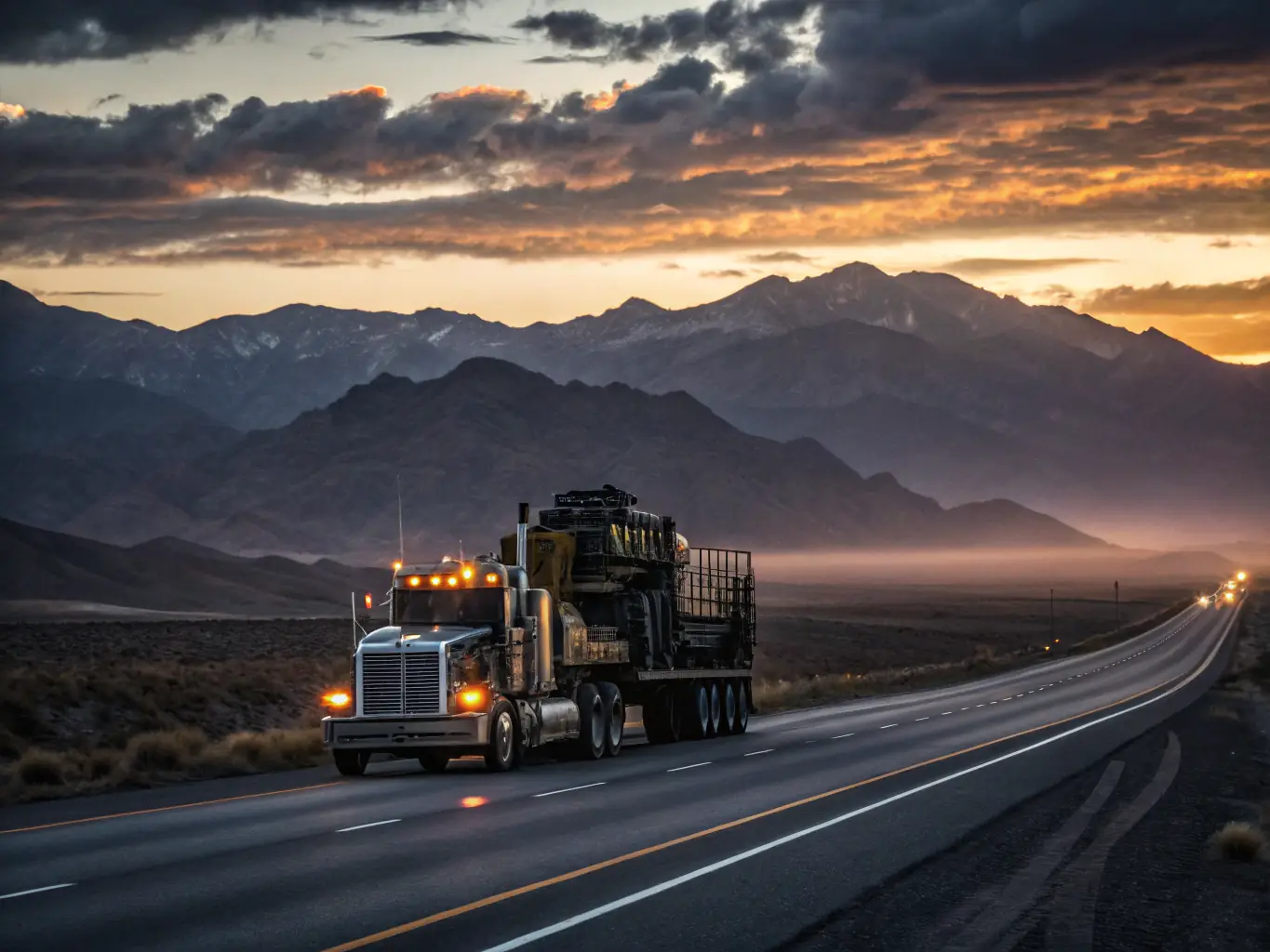 A flatbed truck carrying oversized machinery on a highway, demonstrating TransLogistics' capability to handle specialized cargo.