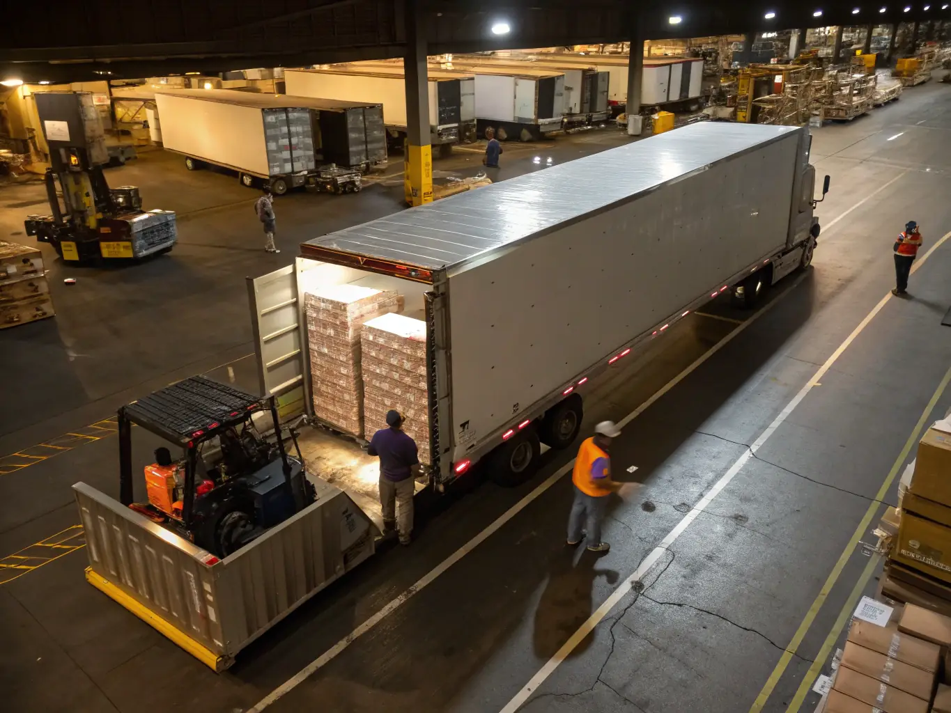 A dry van trailer being loaded with boxes at a distribution center, illustrating the efficiency and reliability of TransLogistics' dry van services.