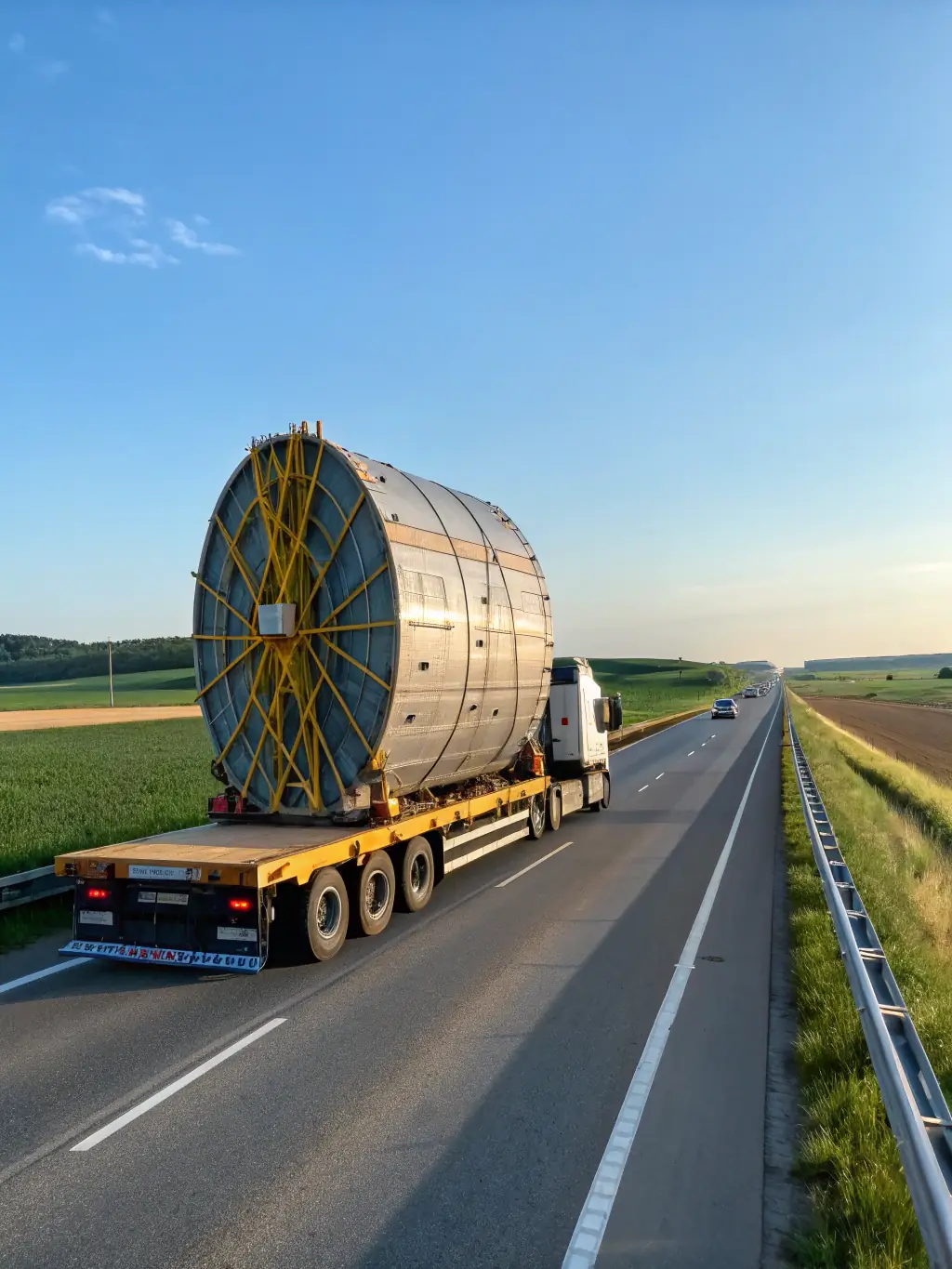 A flatbed truck carrying large machinery, illustrating the capability of flatbed services for oversized and heavy loads.